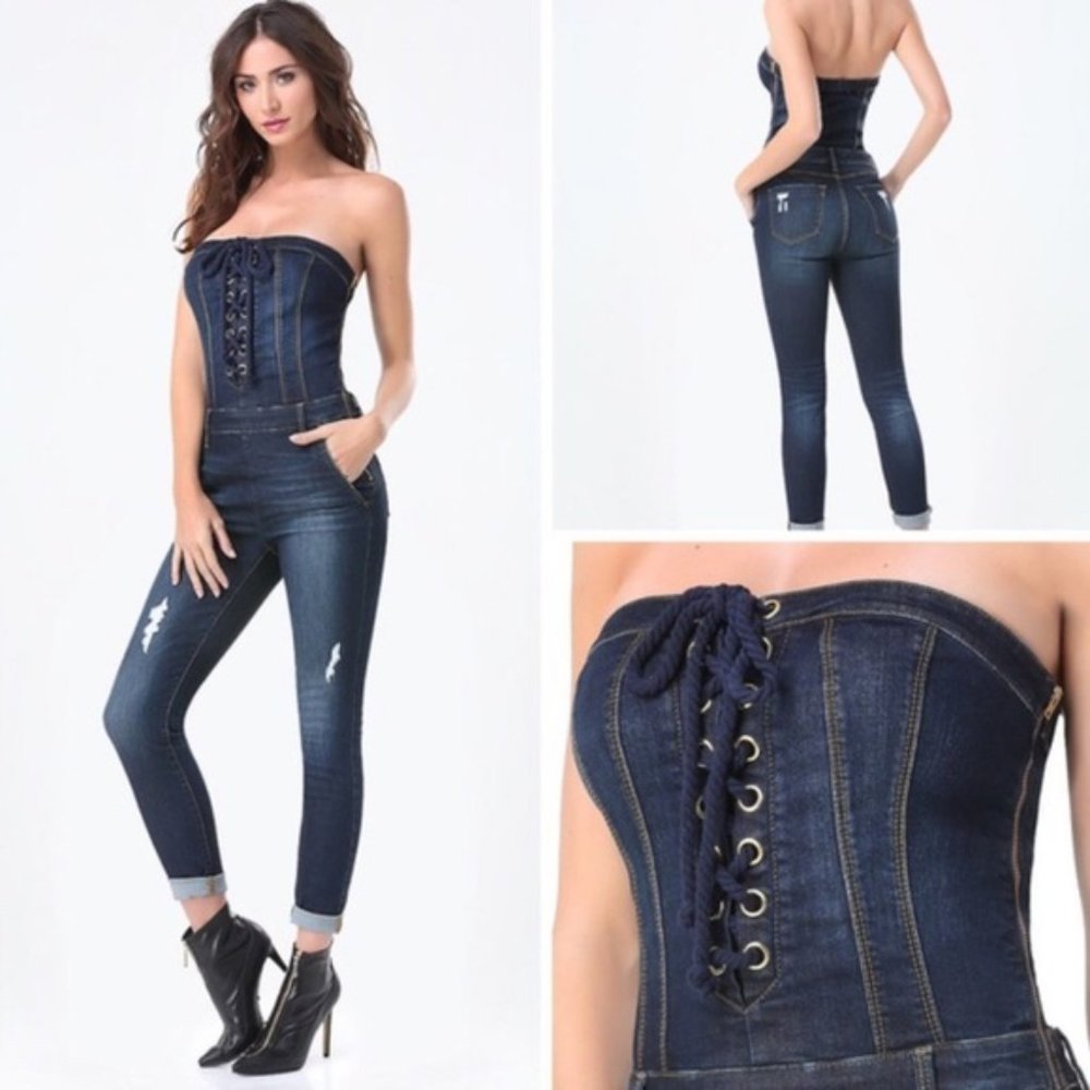 Bebe Lace-up Distressed Denim Strapless Jumpsuit